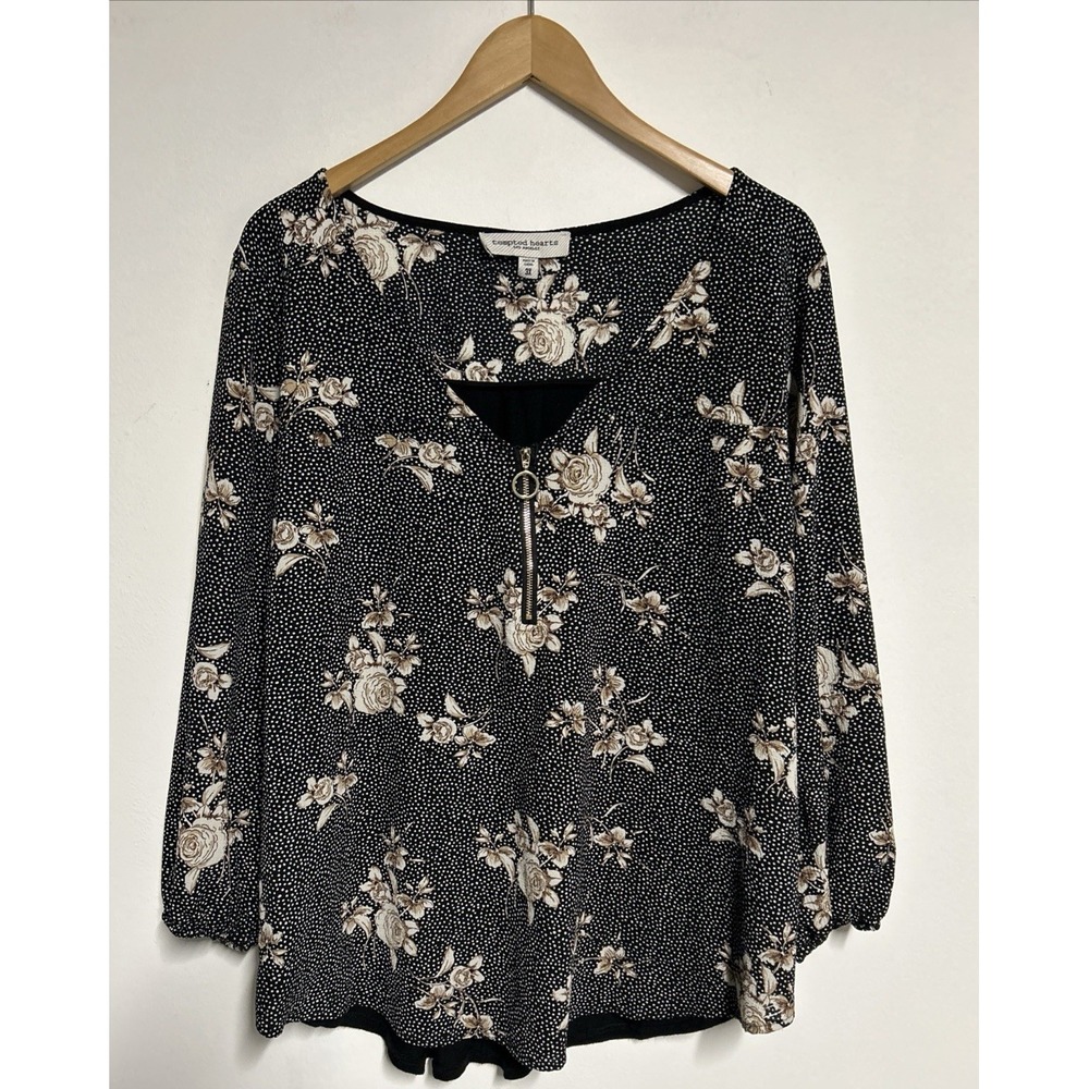Tempted Hearts‎ Women's 3X Blouse Floral Dot 1/4 Zip Contrasting Fabric Romantic